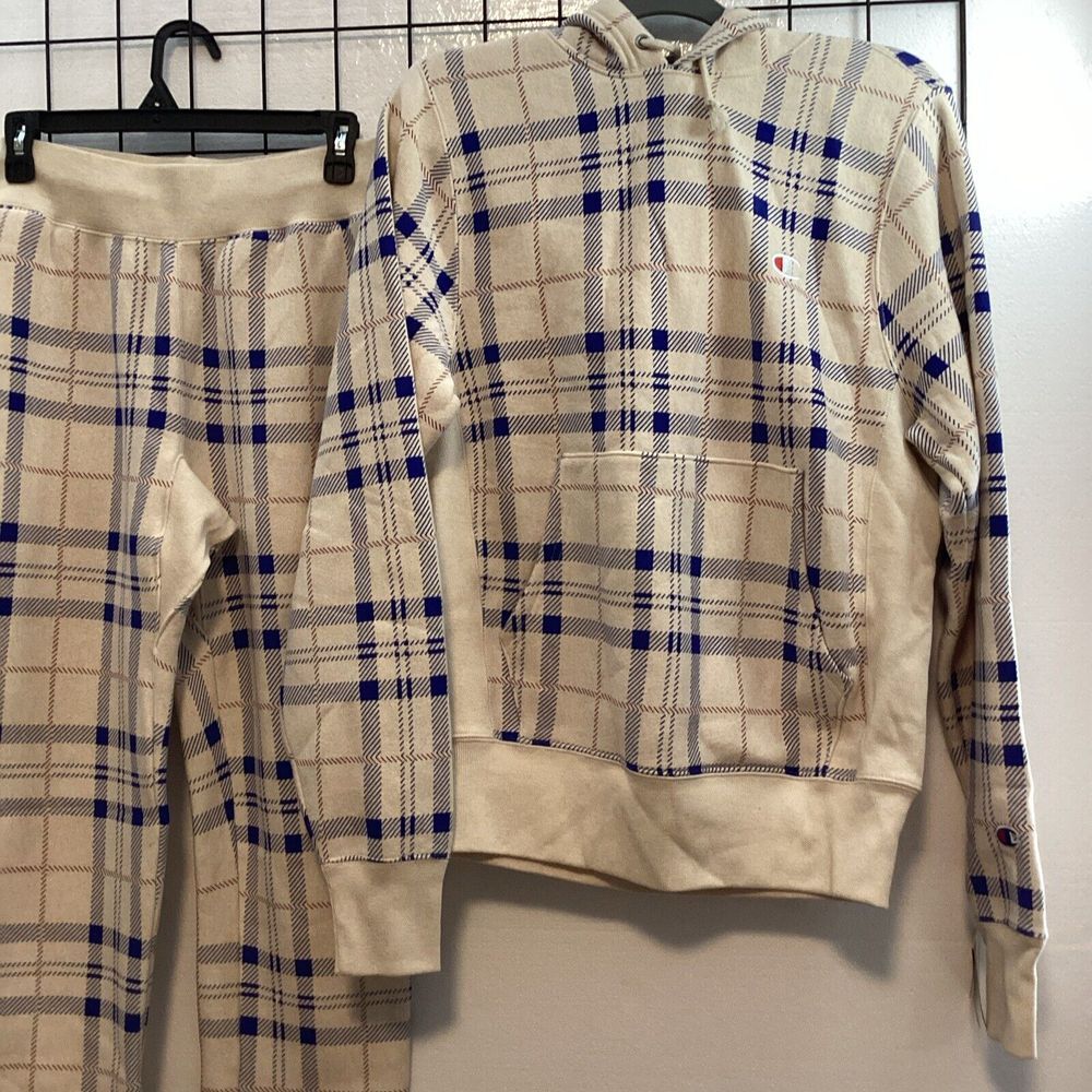 Champion‎ Men S Reverse Weave Hoodie Cream Blue Plaid 58400